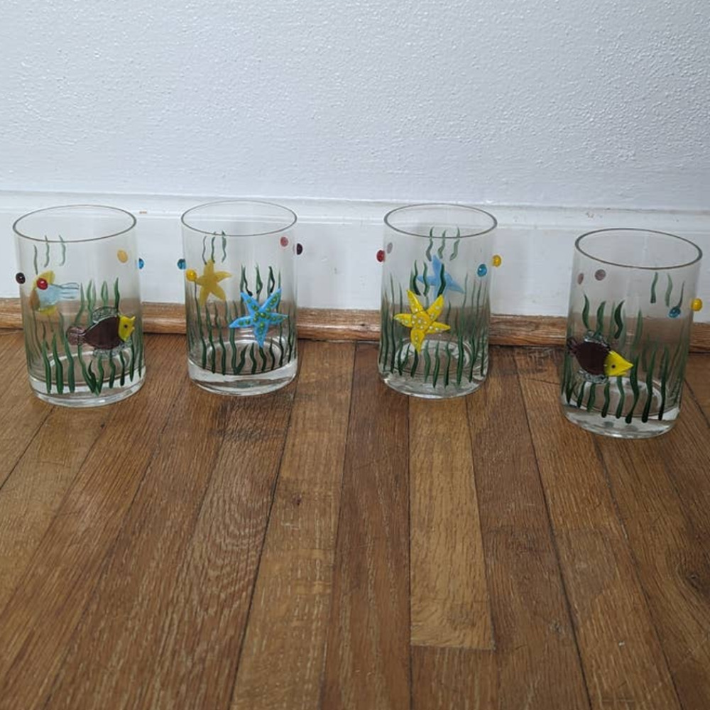 Vintage 3D Beaded Murano Glasses Set of 4, Fish, Starfish, 12oz, Home Essentials